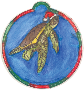 Illustration of a sea turtle wearing a Santa hat.
