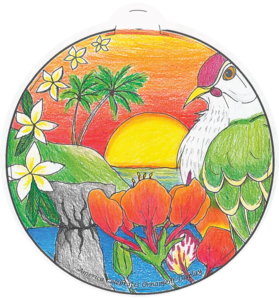 Illustration of an island sunset with flowers along a stream of water and a Mariana fruit dove.