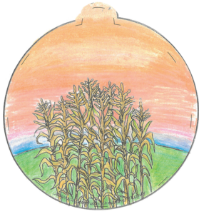 Illustration of corn stalks in a sunset field.