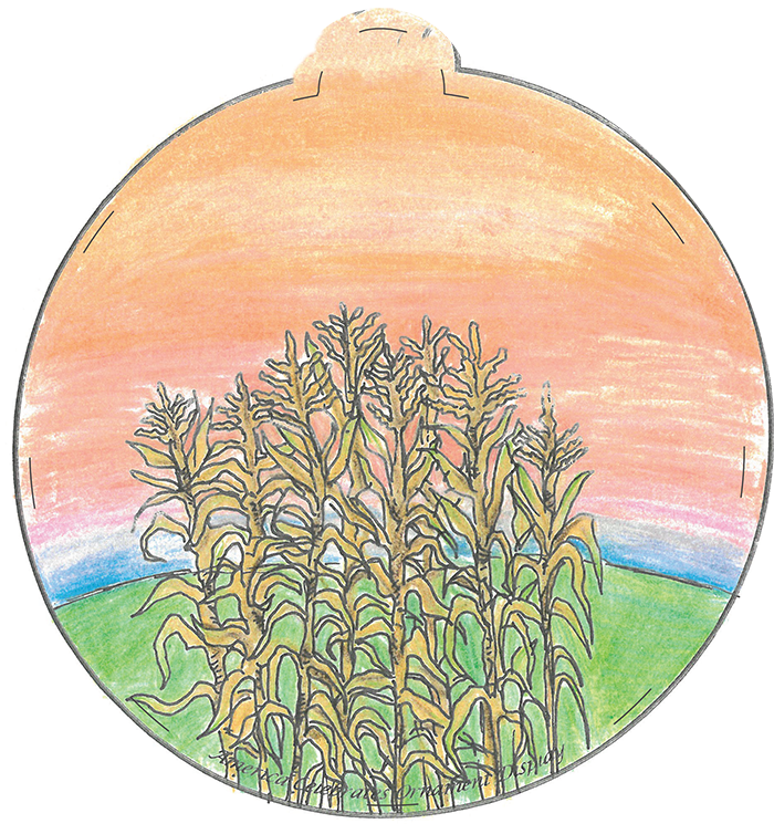 Illustration of corn stalks in a sunset field.