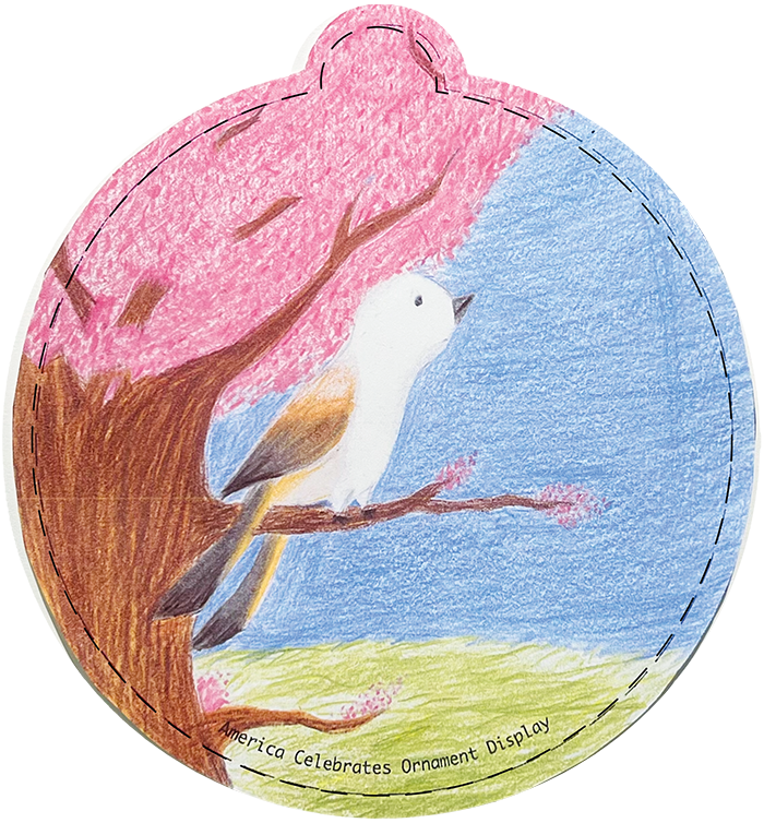 Illustration of a scissor-tailed flycatcher perched on a tree branch with pink leaves.
