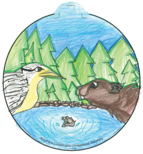 Illustration of a duck and a beaver in front a lush forest and water.