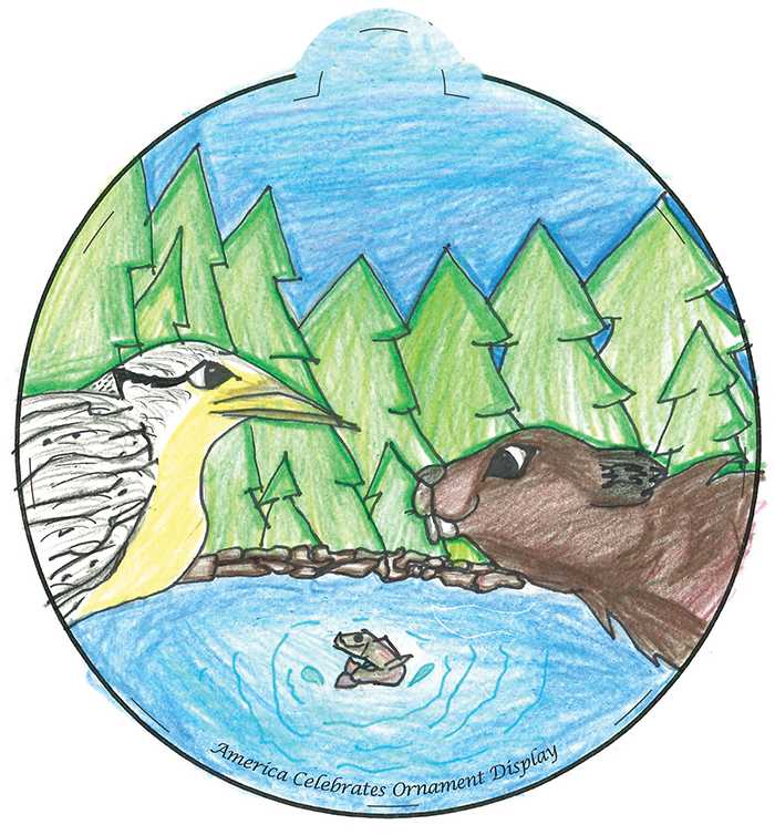 Illustration of a duck and a beaver in front a lush forest and water.
