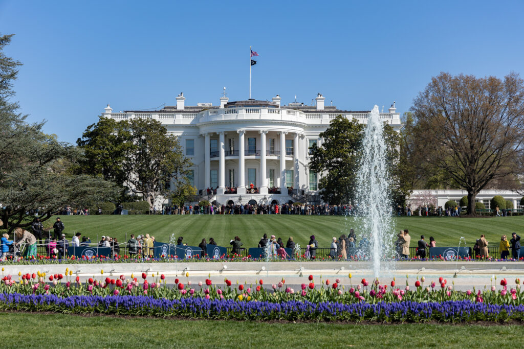 Visitors walk around a large fountain surrounded by flowering tulips. The White house is in the distance
