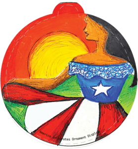 Illustration of woman wearing a Puerto Rican flag dress.