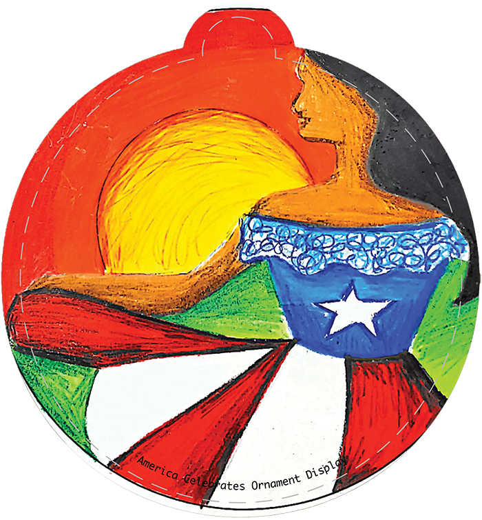 Illustration of woman wearing a Puerto Rican flag dress.