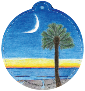 Illustration depicting the South Carolina flag with a tree and crescent moon in front of a beach.
