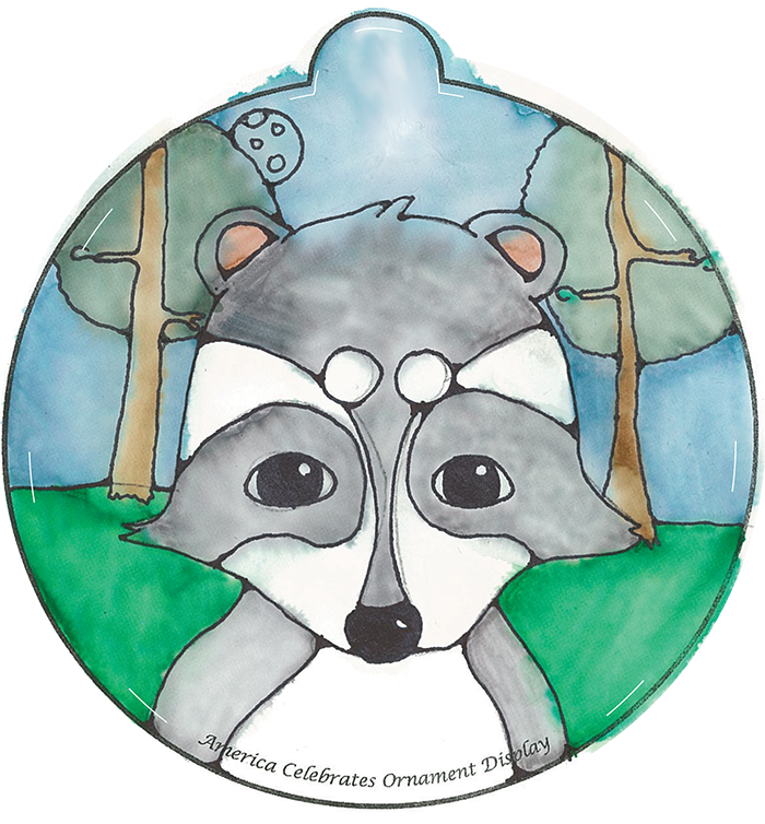 Illustration of a racoon in the woods.