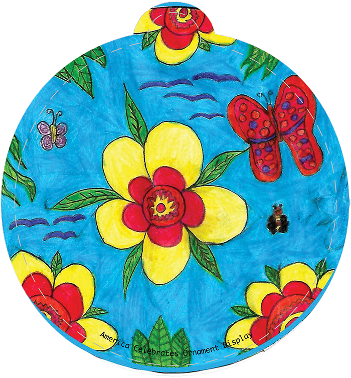 Illustration of yellow and red island flowers, butterflies, and birds.