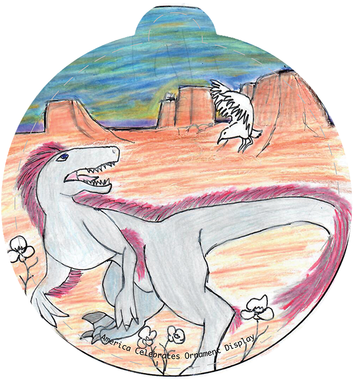 Illustration of a dinosaur in a mountain desert.