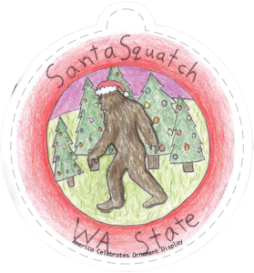 Illustration of Sasquatch wearing a Santa hat. Text reads "SantaSquatch WA State"