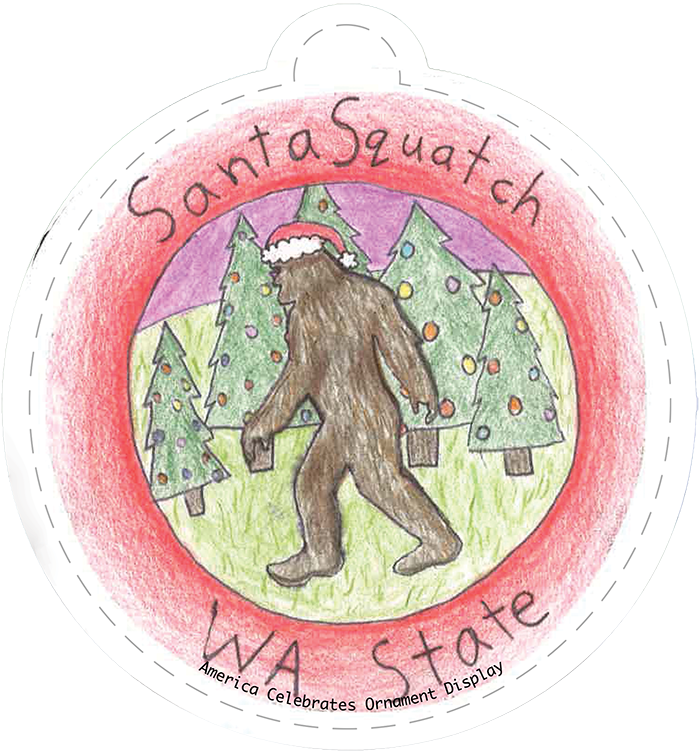 Illustration of Sasquatch wearing a Santa hat. Text reads "SantaSquatch WA State"