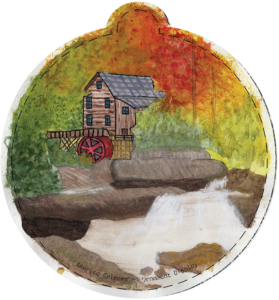 Illustration of a flowing watermill and house with fall trees.
