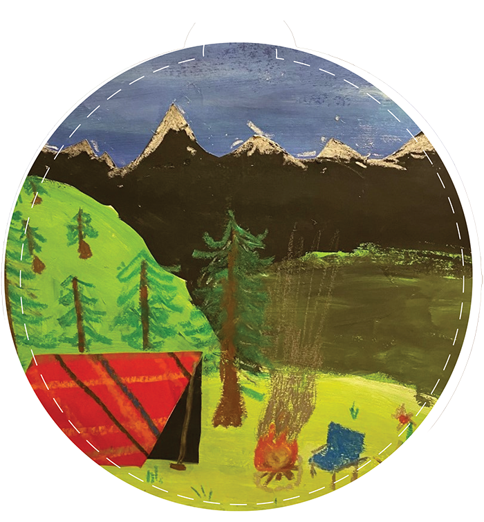 Illustration of a mountain campsite at night with a tent, campfire, and camp chair.